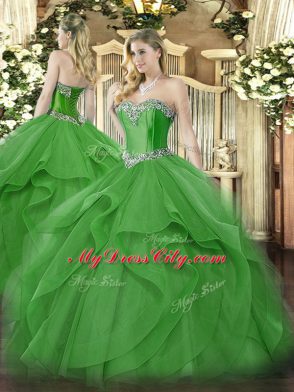 Green Lace Up 15 Quinceanera Dress Beading and Ruffles Sleeveless Floor Length