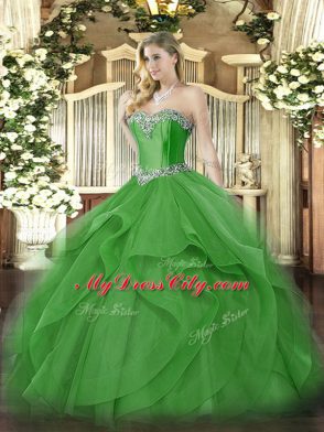 Green Lace Up 15 Quinceanera Dress Beading and Ruffles Sleeveless Floor Length