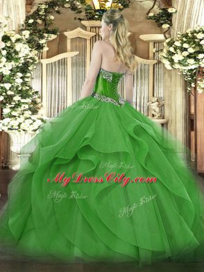 Green Lace Up 15 Quinceanera Dress Beading and Ruffles Sleeveless Floor Length