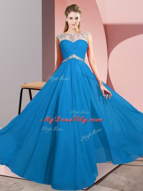 Discount Blue Chiffon Clasp Handle Prom Dress Sleeveless Floor Length Beading