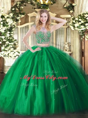 Dramatic Green Sleeveless Tulle Lace Up Sweet 16 Quinceanera Dress for Military Ball and Sweet 16 and Quinceanera