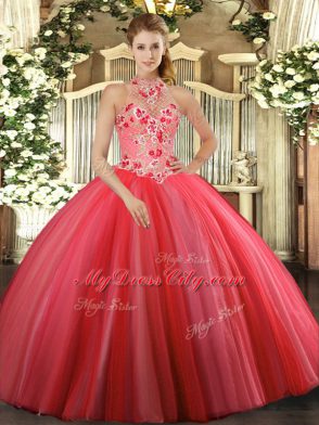 Coral Red Ball Gowns Embroidery Vestidos de Quinceanera Lace Up Tulle Sleeveless Floor Length