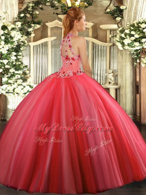 Coral Red Ball Gowns Embroidery Vestidos de Quinceanera Lace Up Tulle Sleeveless Floor Length