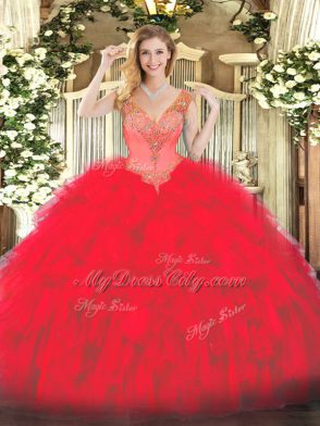 Suitable Sleeveless Lace Up Floor Length Beading and Ruffles Quince Ball Gowns