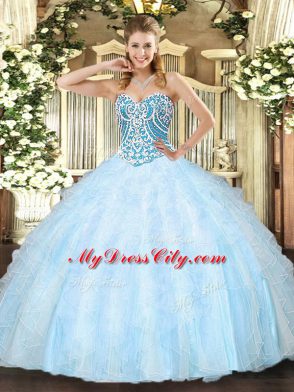 Inexpensive Floor Length Light Blue Quince Ball Gowns Tulle Sleeveless Beading and Ruffles