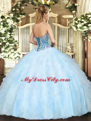 Inexpensive Floor Length Light Blue Quince Ball Gowns Tulle Sleeveless Beading and Ruffles