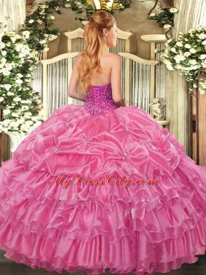 Exceptional Sweetheart Sleeveless Quinceanera Gowns Floor Length Beading and Ruffles and Pick Ups Coral Red Organza