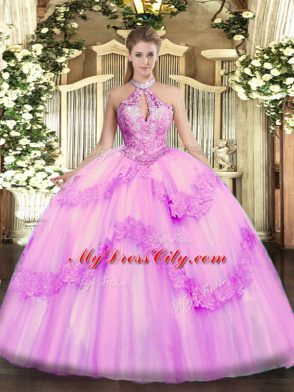 Exceptional Organza Halter Top Sleeveless Lace Up Appliques and Sequins 15 Quinceanera Dress in Lilac