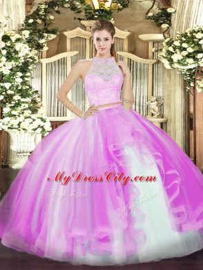 Pretty Sleeveless Tulle Floor Length Zipper Sweet 16 Dresses in Lilac with Lace and Ruffles