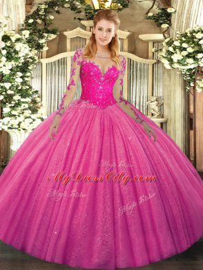 Hot Pink Tulle Lace Up Quinceanera Gown Long Sleeves Floor Length Lace