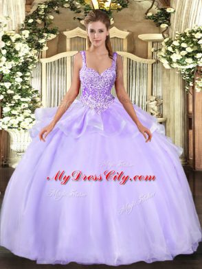 Clearance Lavender Organza Lace Up Straps Sleeveless Floor Length Sweet 16 Dresses Beading