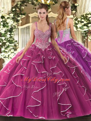 Suitable Fuchsia Lace Up Quinceanera Dresses Beading Sleeveless Floor Length