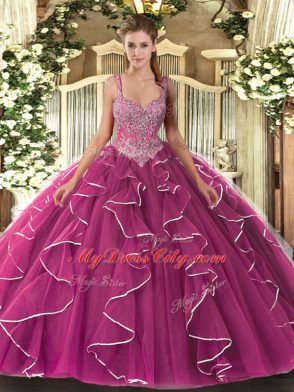 Suitable Fuchsia Lace Up Quinceanera Dresses Beading Sleeveless Floor Length