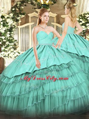 Turquoise Organza and Taffeta Zipper Sweetheart Sleeveless Floor Length Sweet 16 Dresses Beading and Lace and Embroidery and Ruffled Layers