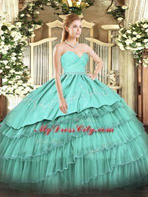 Turquoise Organza and Taffeta Zipper Sweetheart Sleeveless Floor Length Sweet 16 Dresses Beading and Lace and Embroidery and Ruffled Layers