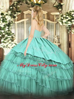 Turquoise Organza and Taffeta Zipper Sweetheart Sleeveless Floor Length Sweet 16 Dresses Beading and Lace and Embroidery and Ruffled Layers