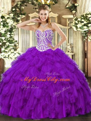 Custom Designed Sweetheart Sleeveless Tulle Sweet 16 Dress Beading and Ruffles Lace Up