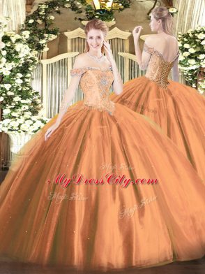 Extravagant Ball Gowns Ball Gown Prom Dress Rust Red Off The Shoulder Tulle Sleeveless Floor Length Lace Up