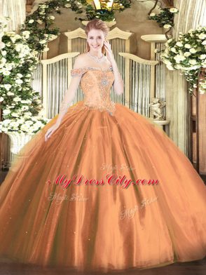 Extravagant Ball Gowns Ball Gown Prom Dress Rust Red Off The Shoulder Tulle Sleeveless Floor Length Lace Up