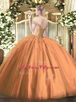 Extravagant Ball Gowns Ball Gown Prom Dress Rust Red Off The Shoulder Tulle Sleeveless Floor Length Lace Up