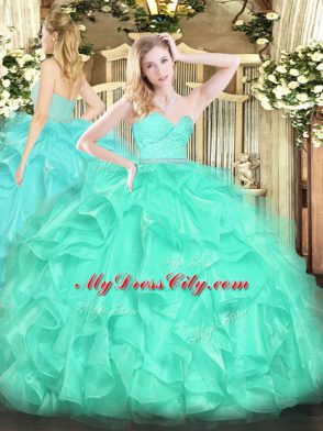 Glorious Turquoise Zipper Quinceanera Dress Beading and Lace and Ruffles Sleeveless Floor Length