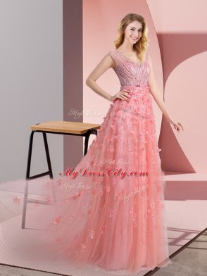 Pink Prom Dress Tulle Sweep Train Sleeveless Beading and Appliques