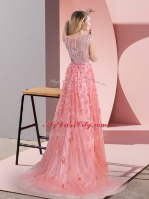 Pink Prom Dress Tulle Sweep Train Sleeveless Beading and Appliques