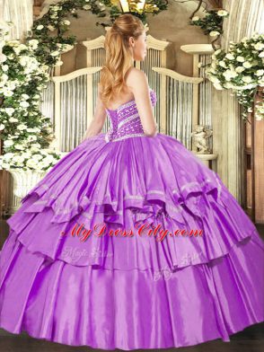 Affordable Lavender Ball Gowns Beading and Ruffled Layers Vestidos de Quinceanera Lace Up Organza and Taffeta Sleeveless Floor Length