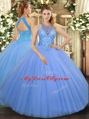 Edgy Light Blue Ball Gowns Beading Quinceanera Gown Lace Up Tulle Sleeveless Floor Length