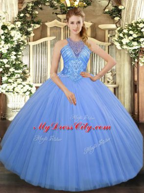 Edgy Light Blue Ball Gowns Beading Quinceanera Gown Lace Up Tulle Sleeveless Floor Length