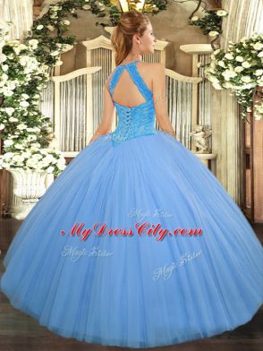 Edgy Light Blue Ball Gowns Beading Quinceanera Gown Lace Up Tulle Sleeveless Floor Length