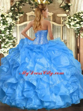 Blue Organza Lace Up Sweetheart Sleeveless Floor Length Sweet 16 Dresses Beading and Ruffles