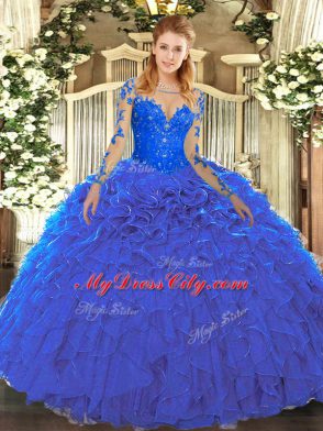 Fantastic Floor Length Blue Quince Ball Gowns Organza Long Sleeves Lace and Ruffles