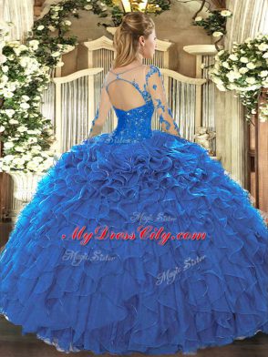 Fantastic Floor Length Blue Quince Ball Gowns Organza Long Sleeves Lace and Ruffles