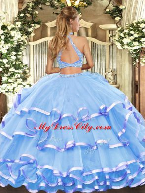 Lavender Two Pieces Beading and Ruffled Layers Vestidos de Quinceanera Criss Cross Tulle Sleeveless Floor Length