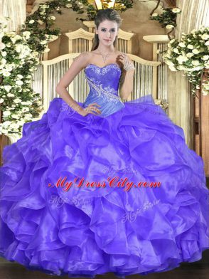 Sweetheart Sleeveless Sweet 16 Dresses Floor Length Beading and Ruffles Lavender Organza