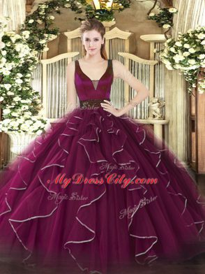 Extravagant Fuchsia Tulle Zipper Straps Sleeveless Floor Length Quinceanera Dresses Beading and Ruffles