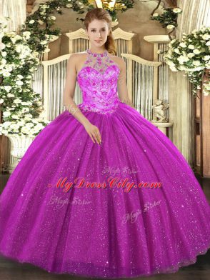 Fuchsia Tulle Lace Up Sweet 16 Dresses Sleeveless Floor Length Beading and Embroidery and Sequins