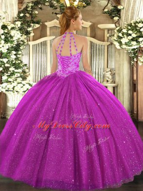 Fuchsia Tulle Lace Up Sweet 16 Dresses Sleeveless Floor Length Beading and Embroidery and Sequins