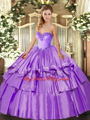 Floor Length Lace Up 15th Birthday Dress Lavender for Military Ball and Sweet 16 and Quinceanera with Ruffled Layers