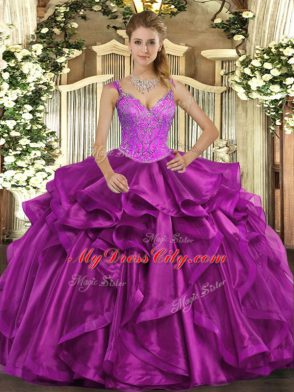 Fashionable Floor Length Lace Up Sweet 16 Dress Fuchsia for Military Ball and Sweet 16 and Quinceanera with Beading and Ruffles