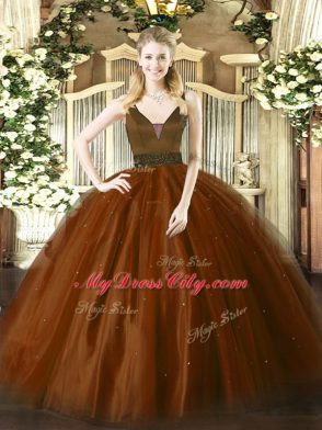 Custom Designed Floor Length Zipper Sweet 16 Quinceanera Dress Brown for Military Ball and Sweet 16 and Quinceanera with Beading