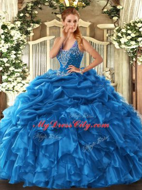 Straps Sleeveless Lace Up Vestidos de Quinceanera Blue Organza