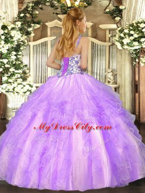 Attractive Lilac Organza Lace Up Straps Sleeveless Floor Length Sweet 16 Dress Appliques and Ruffles