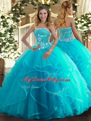 Excellent Aqua Blue Lace Up Strapless Beading and Ruffles Sweet 16 Dress Tulle Sleeveless