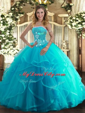 Excellent Aqua Blue Lace Up Strapless Beading and Ruffles Sweet 16 Dress Tulle Sleeveless