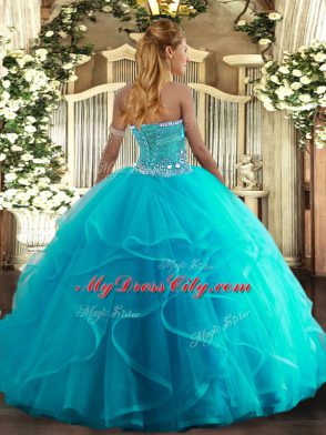 Excellent Aqua Blue Lace Up Strapless Beading and Ruffles Sweet 16 Dress Tulle Sleeveless