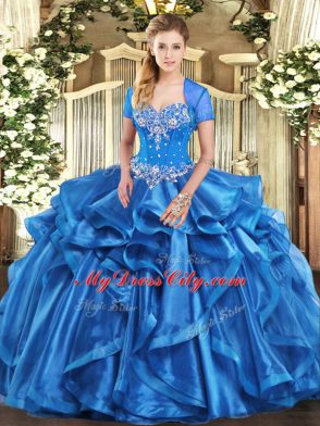 Edgy Baby Blue Lace Up Sweetheart Beading and Ruffles 15th Birthday Dress Organza Sleeveless