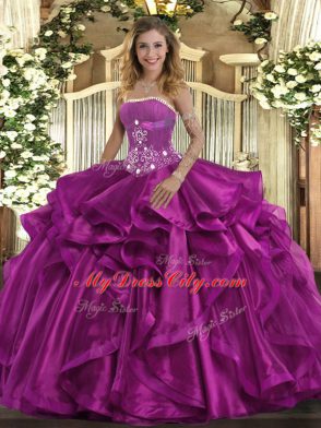 Fuchsia Sleeveless Organza Lace Up 15th Birthday Dress for Military Ball and Sweet 16 and Quinceanera