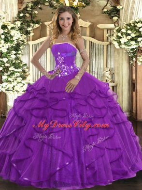 Custom Made Purple Sleeveless Beading and Ruffles Floor Length Quince Ball Gowns